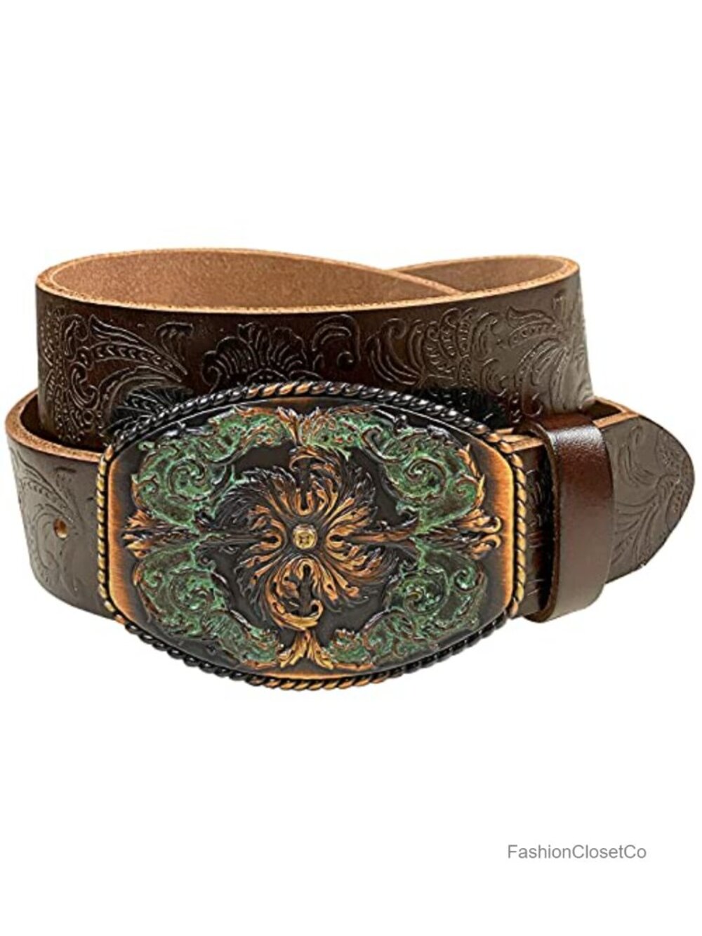 Full Grain Genuine Leather Belt Western Floral Engraved Buckle